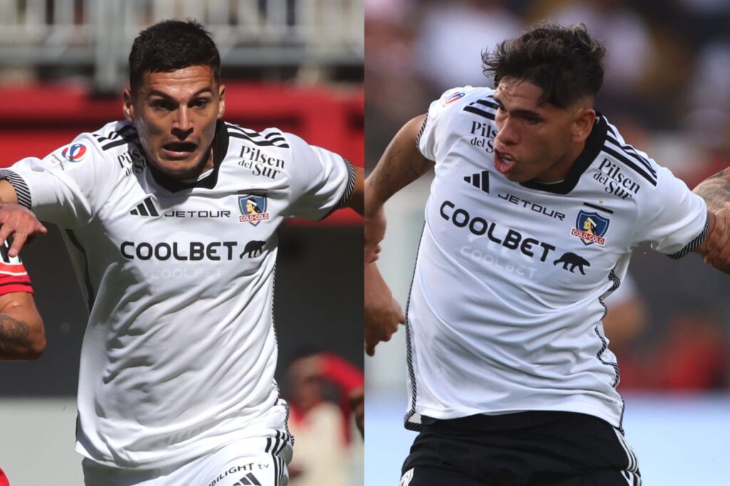 Primer plano a Lucas Cepeda y Carlos Palacios con indumentaria de Colo-Colo.