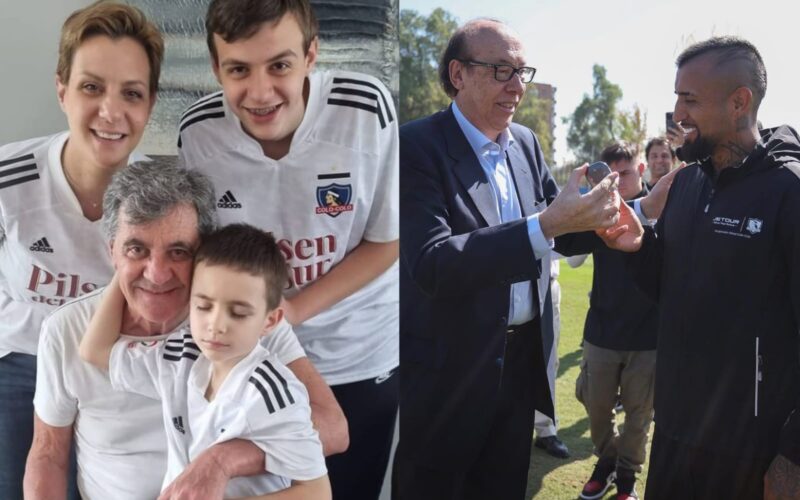 A mano izquierda la familia de Mirko Jozic, ex entrenador de Colo-Colo posan con la camiseta del club, mientras que a mano derecha aparece el presidente de Blanco y Negro, Alfredo Stöhwing, entregando una llaves al capitán Esteban Pavez.