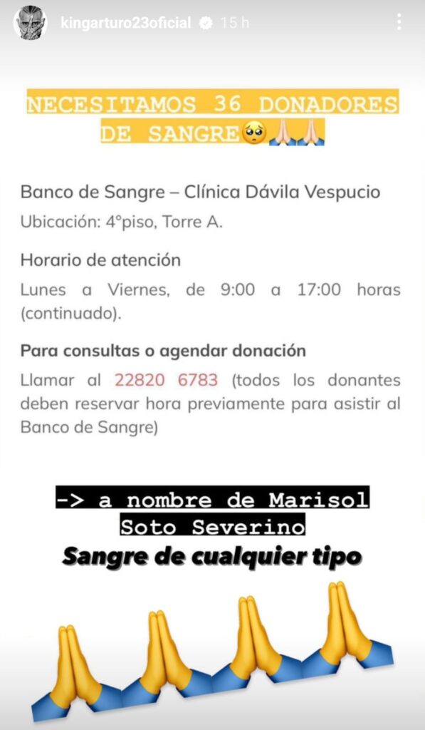Historia Arturo Vidal en Instagram llamando a donadores de sangre para la madre de Gary Medel.