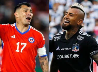 Primer plano a Gary Medel con camiseta de la Selección Chilena y Arturo Vidal con camiseta de Colo-Colo.