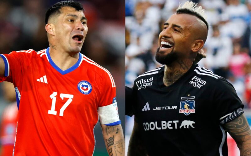 Primer plano a Gary Medel con camiseta de la Selección Chilena y Arturo Vidal con camiseta de Colo-Colo.