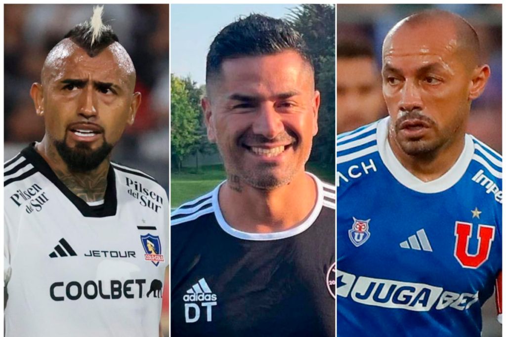 A mano izquierda Arturo Vidal con evidente enojo en pleno partido con la camiseta de Colo-Colo. Por su parte, al centro aparece el ex deportista Jorge Acuña sonriendo, mientras que en el sector derecho aparece Marcelo Díaz como capitán de Universidad de Chile.