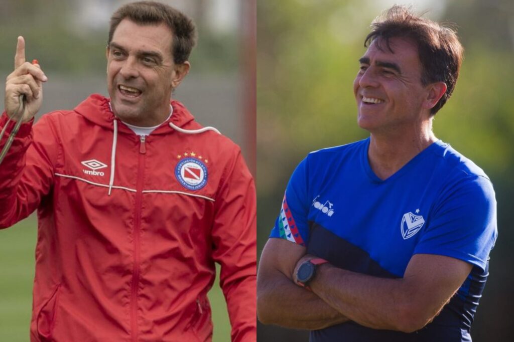 Primer plano a Pablo Guede y Gustavo Quinteros con indumentaria de Argentinos Juniors y Vélez Sarsfield.