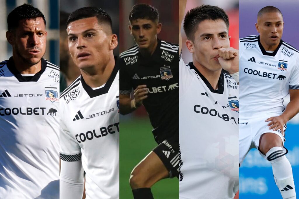 Primer plano a Ramiro González, Lucas Cepeda, Bruno Gutiérrez, Matías Moya y Leandro Benegas con camiseta de Colo-Colo