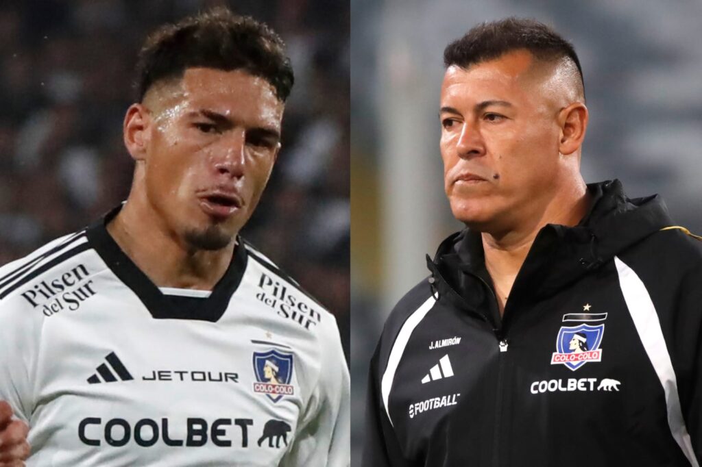 Primer plano a Alan Saldivia y Jorge Almirón con indumentaria de Colo-Colo.