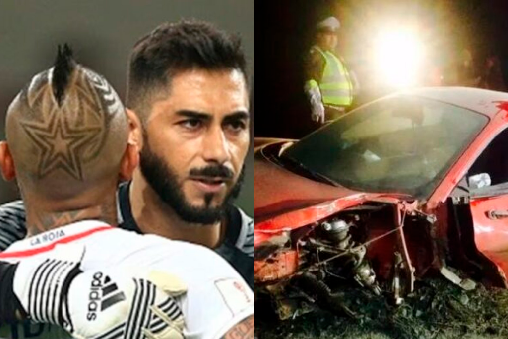 A mano izquierda aparecen Johnny Herrera abrazando a Arturo Vidal en pleno compromiso con la Selección Chilena, mientras que en el sector derecho aparece un auto rojo totalmente destrozado y siendo observado por un carabinero.