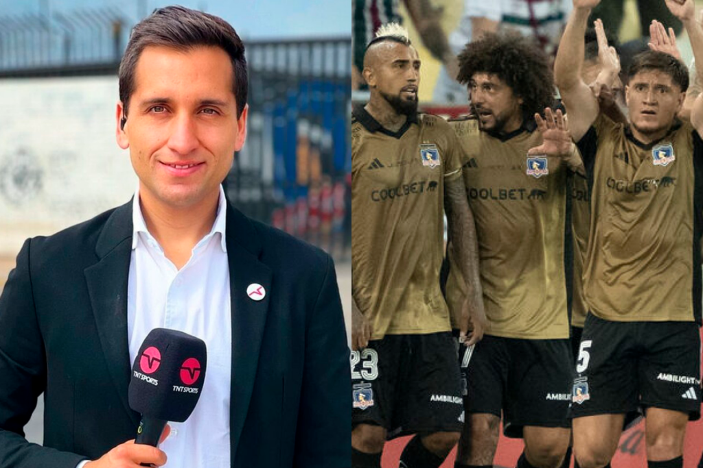 Daniel Arrieta, periodista deportivo de TNT Sports sostiene el micrófono de la señal. Por su parte, a mano derecha los futbolistas de Colo-Colo Arturo Vidal, Maximiliano Falcón y Leonardo Gil miran con cara de preocupación en pleno partido durante la temporada 2024.