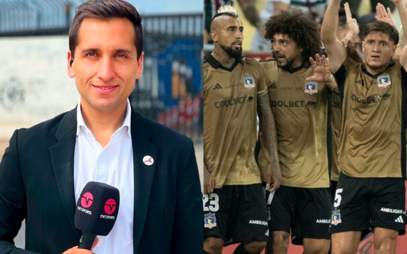 Daniel Arrieta, periodista deportivo de TNT Sports sostiene el micrófono de la señal. Por su parte, a mano derecha los futbolistas de Colo-Colo Arturo Vidal, Maximiliano Falcón y Leonardo Gil miran con cara de preocupación en pleno partido durante la temporada 2024.