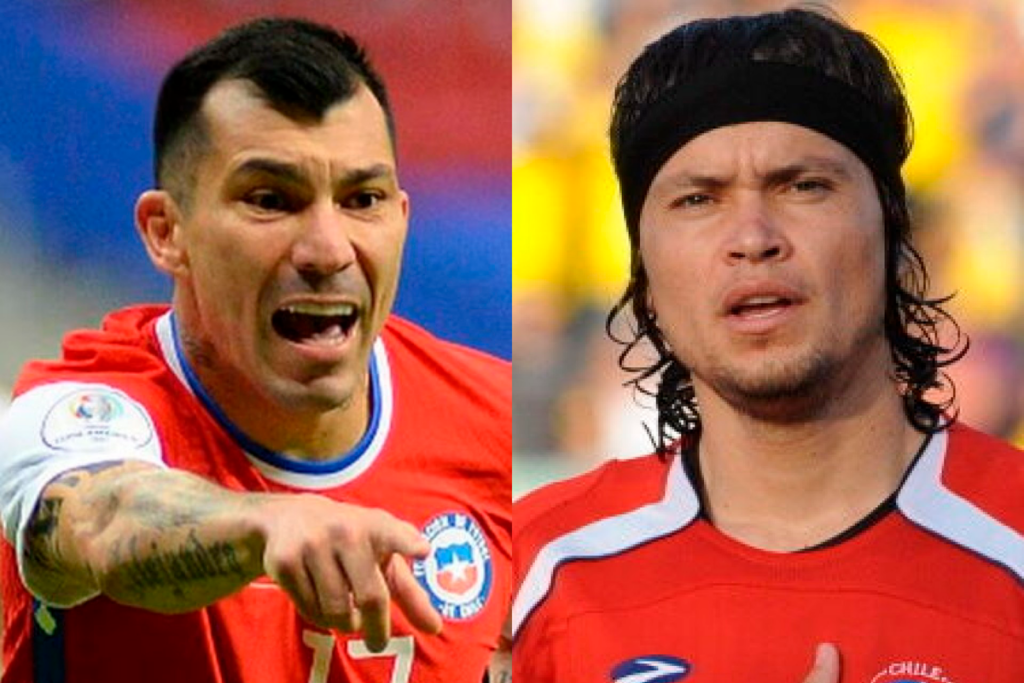 Primer plano a los deportistas chilenos Gary Medel y Waldo Ponce, quienes tienen la camiseta de la Selección Cgilena puesta.