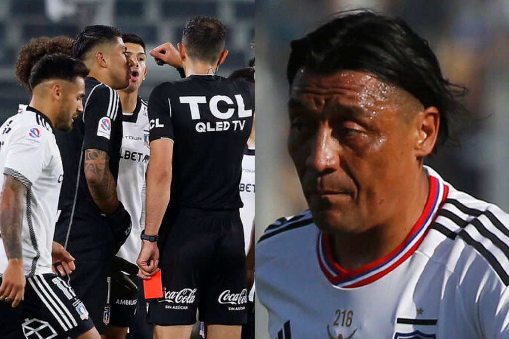 A mano izquierda un grupo de jugadores de Colo-Colo reclaman al árbitro que tiene una tarjeta roja en la mano, mientras que en el sector derecho se ve el ex futbolista Rodrigo Meléndez.