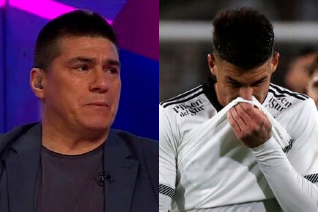 Primer plano al rostro de preocupación del ex futbolista profesional, Marcelo Vega, sumado a un cabizbajo jugador de Colo-Colo, Alan Saldivia, quien se tapa la nariz con su camiseta.