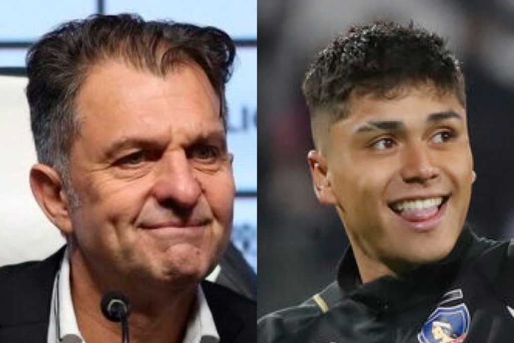 Primer plano a los rostros sonrientes de Aníbal Mosa (izquierda) y Damián Pizarro (derecha), presidente de Blanco y Negro y delantero de Colo-Colo durante los primeros meses de la temporada 2024, respectivamente.