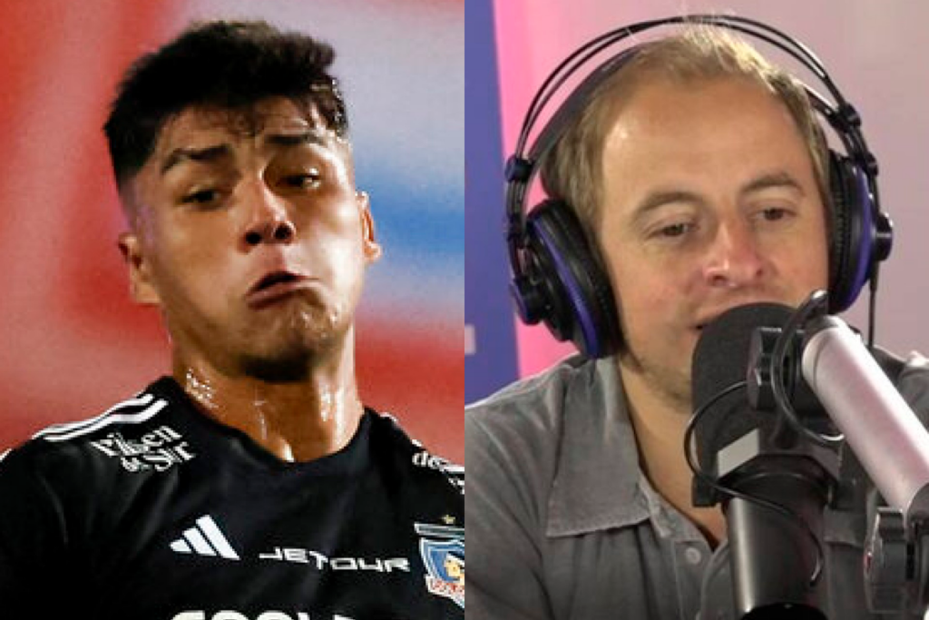 Primer plano al futbolista de Colo-Colo, Damián Pizarro, mientras que a mano derecha aparece el periodista deportivo Jorge 'Coke' Hevia hablando frente a un micrófono.