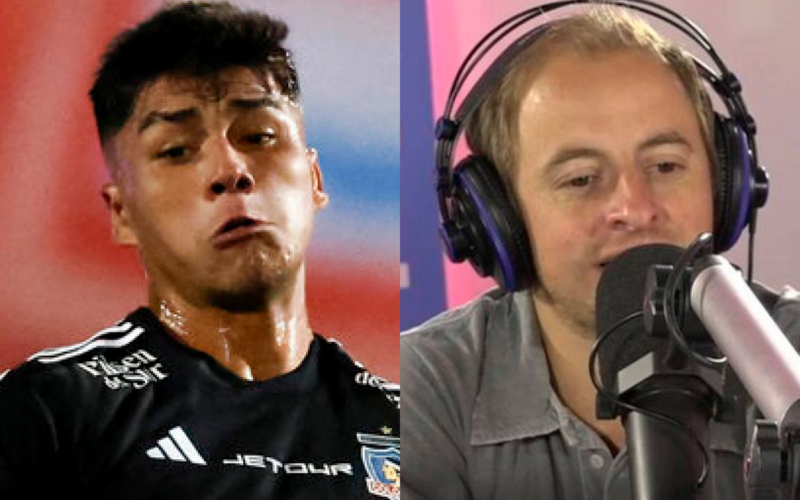 Primer plano al futbolista de Colo-Colo, Damián Pizarro, mientras que a mano derecha aparece el periodista deportivo Jorge 'Coke' Hevia hablando frente a un micrófono.