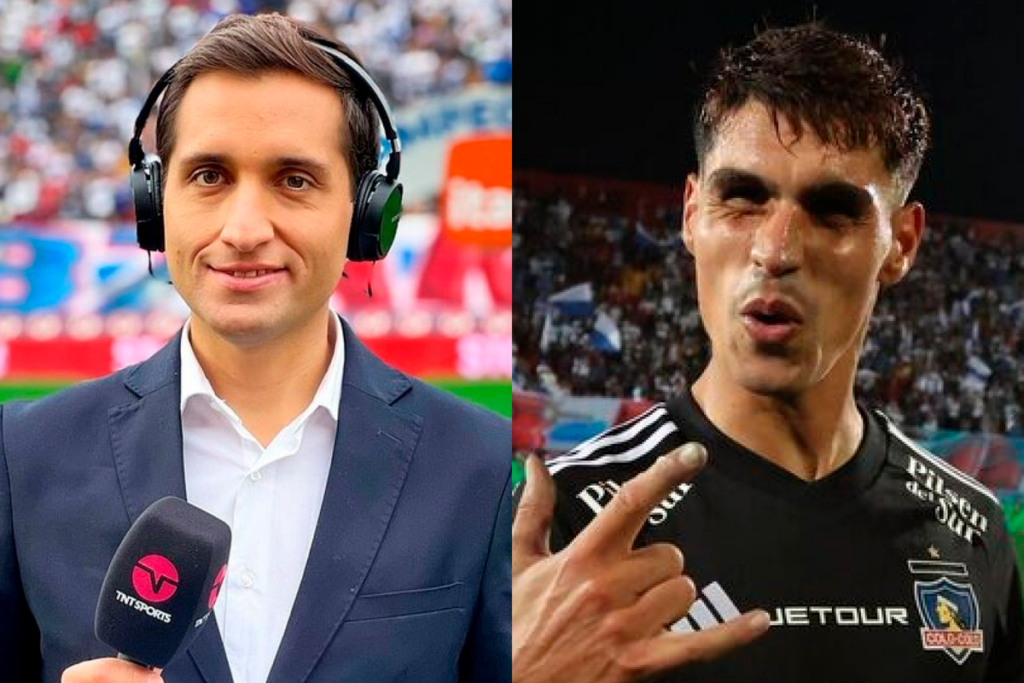 Primer plano al rostro Daniel Arrieta, periodista deportivo que sostiene el micrófono de TNT Sports. Por su parte, a mano derecha aparece el futbolista de Colo-Colo, Erick Wiemberg, quien se encuentra realizando el gesto de los hinchas albos con sus manos.