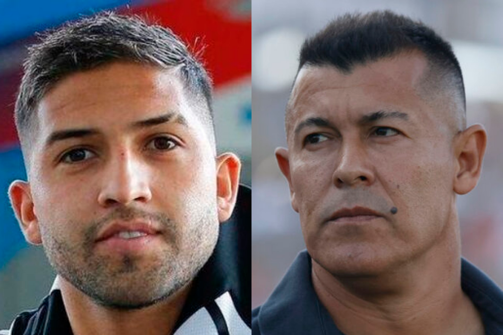 Primer plano a los rostros de Ignacio Jara y Jorge Almirón, jugador y entrenador de Colo-Colo durante la temporada 2024, respectivamente.