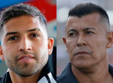 Primer plano a los rostros de Ignacio Jara y Jorge Almirón, jugador y entrenador de Colo-Colo durante la temporada 2024, respectivamente.