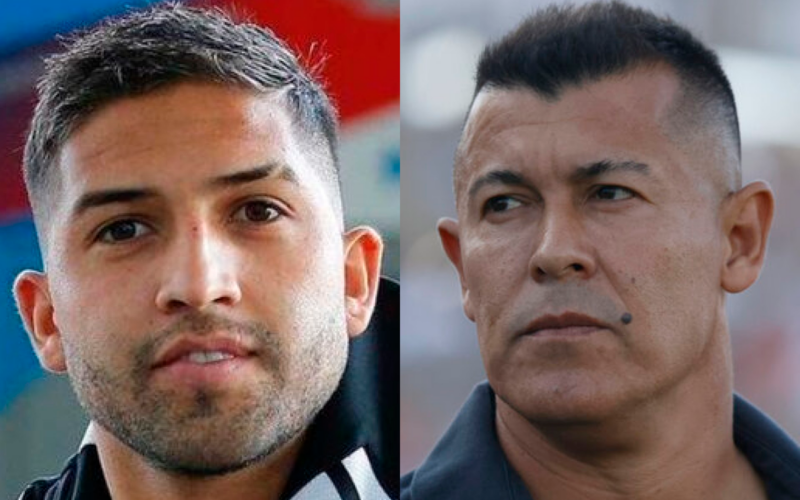 Primer plano a los rostros de Ignacio Jara y Jorge Almirón, jugador y entrenador de Colo-Colo durante la temporada 2024, respectivamente.