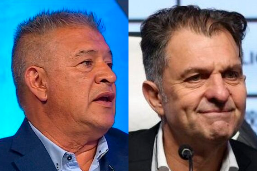 Primer plano al rostro de Claudio Borghi (izquierda) y Aníbal Mosa (derecha), actual comentarista deportivo y presidente de Blanco y Negro durante la temporada 2024, respectivamente.