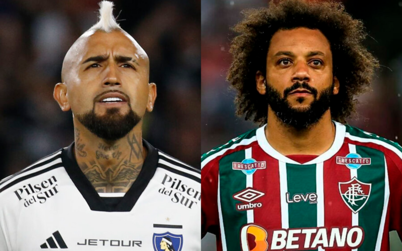 Primer plano al rostro de Arturo Vidal y Marcelo, futbolistas que se encuentran con la camiseta de Arturo Vidal y Fluminense, respectivamente.