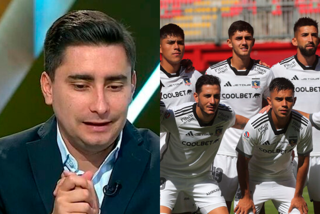 El periodista de TNT Sports, Gastón Fauré, con la mirada cabizbaja en pleno panel. Por su parte, a mano derecha aparece cinco futbolistas de Colo-Colo formados para la foto oficial del equipo titular durante la temporada 2024.