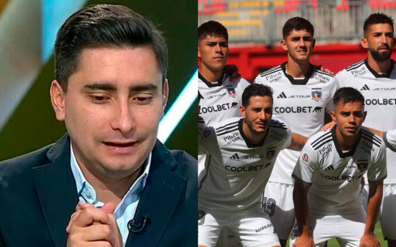 El periodista de TNT Sports, Gastón Fauré, con la mirada cabizbaja en pleno panel. Por su parte, a mano derecha aparece cinco futbolistas de Colo-Colo formados para la foto oficial del equipo titular durante la temporada 2024.