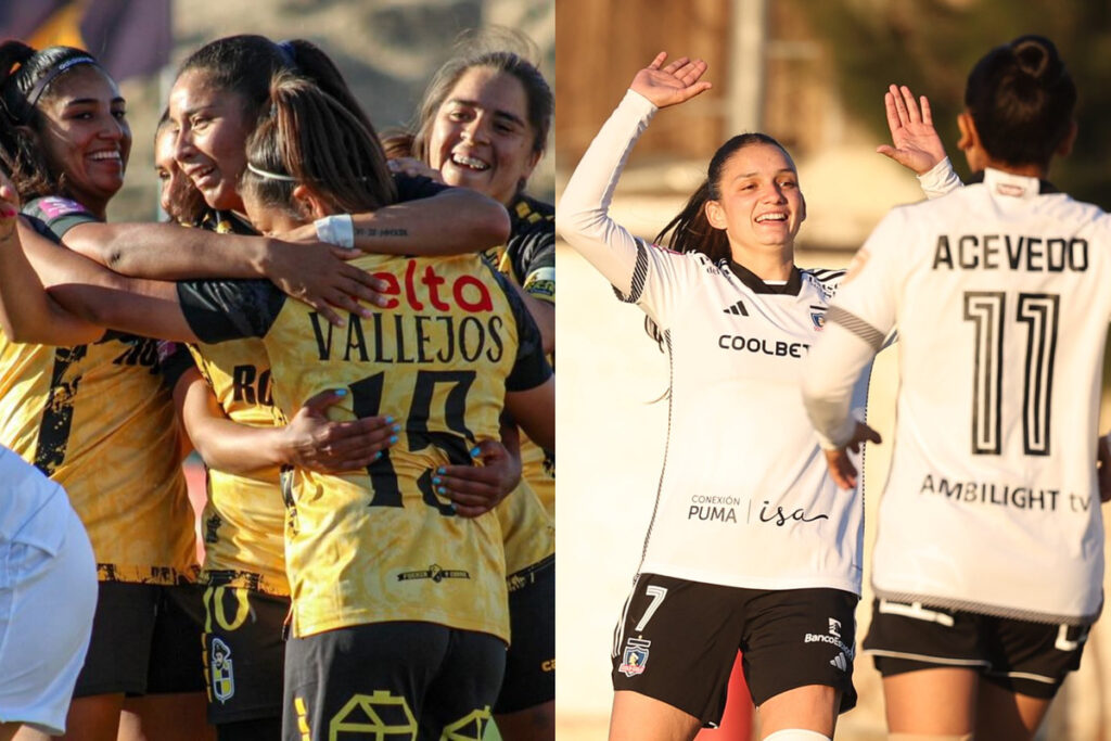 Jugadores de Coquimbo Unido Femenino y Colo-Colo Femenino celebrando un gol.