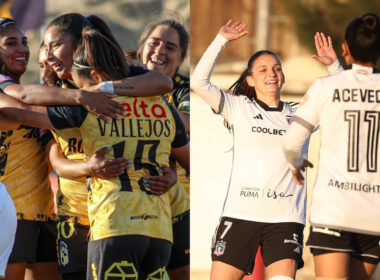 Jugadores de Coquimbo Unido Femenino y Colo-Colo Femenino celebrando un gol.