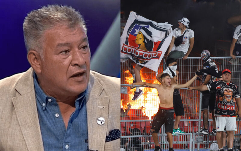 Primer plano de Claudio Borghi. Hinchas de Colo-Colo generando desórdenes.