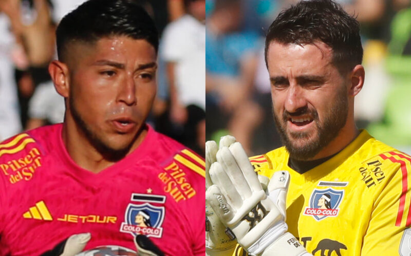Primer plano de Brayan Cortés y Fernando de Paul con la camiseta de Colo-Colo.