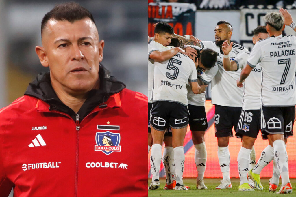 Primer plano de Jorge Almirón. Jugadores de Colo-Colo abrazados celebrando un gol.