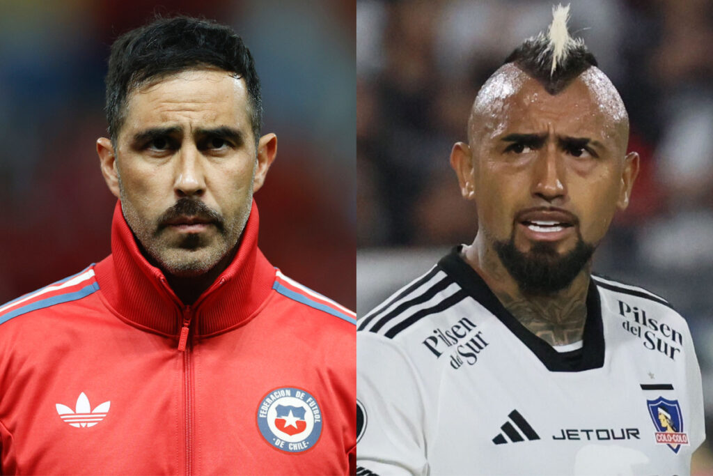 Primer plano de Claudio Bravo y Arturo Vidal con indumentaria de La Roja y Colo-Colo, respectivamente.