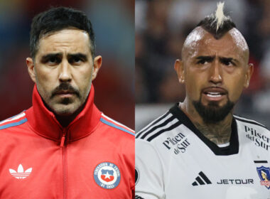 Primer plano de Claudio Bravo y Arturo Vidal con indumentaria de La Roja y Colo-Colo, respectivamente.