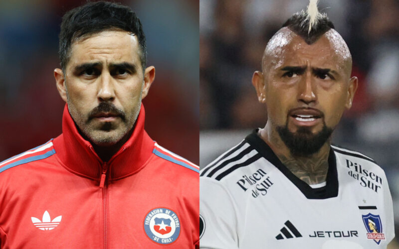 Primer plano de Claudio Bravo y Arturo Vidal con indumentaria de La Roja y Colo-Colo, respectivamente.