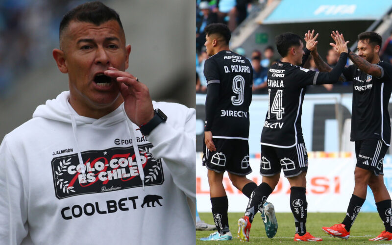 Primer plano de Jorge Almirón con la mano en su boca. Jugadores de Colo-Colo celebrando un gol.