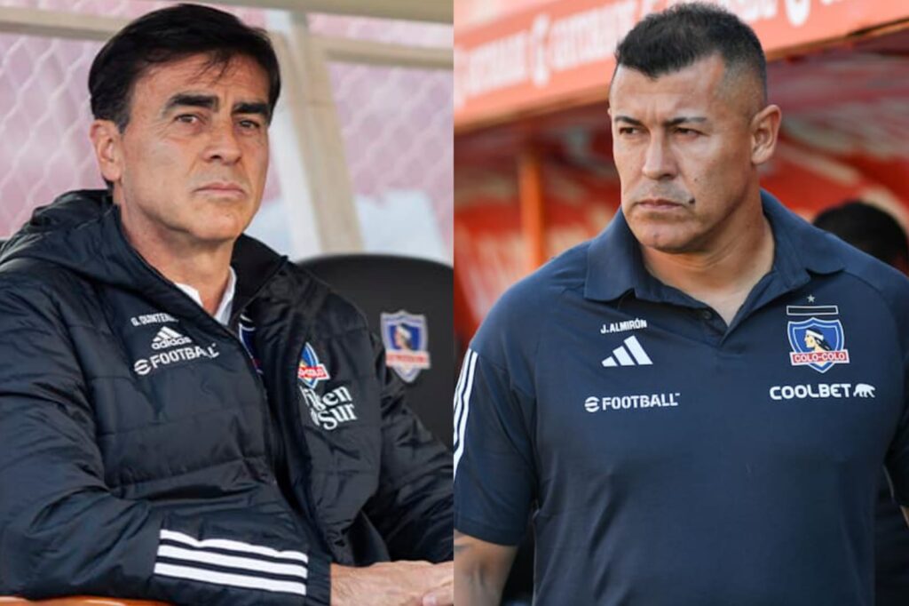 Primer plano a Gustavo Quinteros y Jorge Almirón con indumentaria de Colo-Colo.