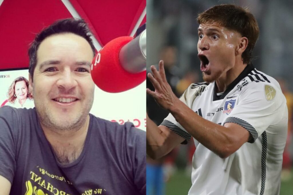 Primer plano a Cristián Caamaño sonriendo con un micrófono y Leonardo Gil gritando con camiseta de Colo-Colo.