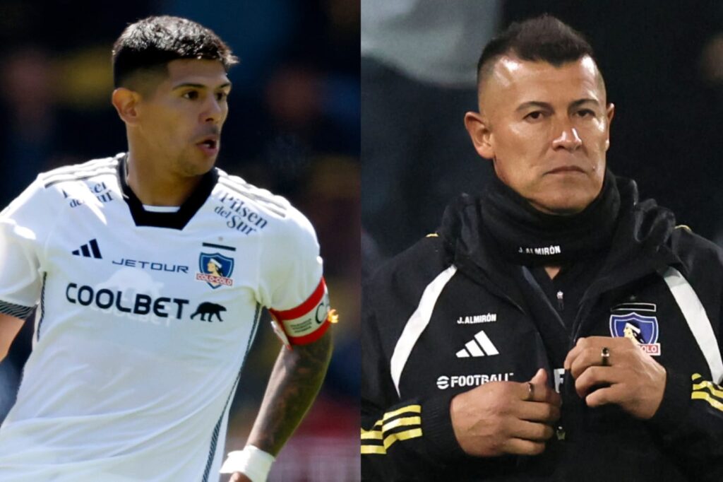 Primer plano a Esteban Pavez y Jorge Almirón con indumentaria de Colo-Colo.