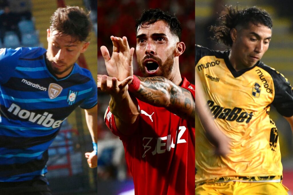 Felipe Loyola, Gabriel Ávalos, Luciano Cabral con camiseta de Huachipato, Independiente y Coquimbo Unido, respectivamente.