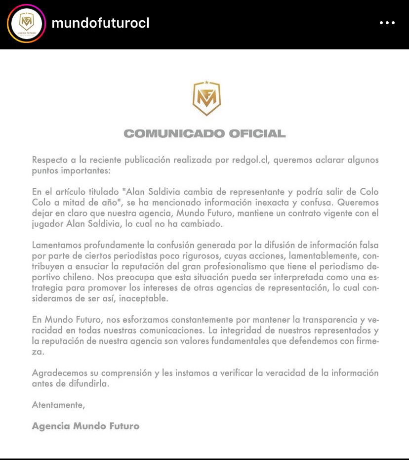 Comunicado Mundo Futuro negando que Alan Saldivia haya cambiado de representante.