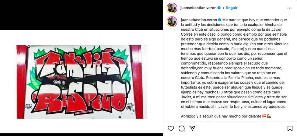 Captura de pantalla de publicación de Juan Sebastián Verón
