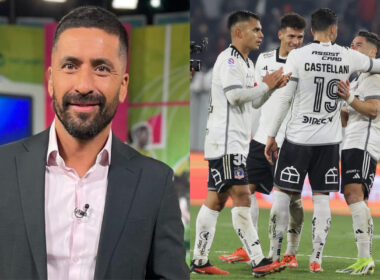 Primer plano de Cristián Basaure. Jugadores de Colo-Colo abrazados.