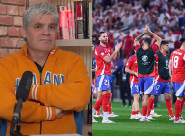Primer plano de Juan Cristóbal Guarello. Jugadores de La Roja aplaudiendo en la cancha.