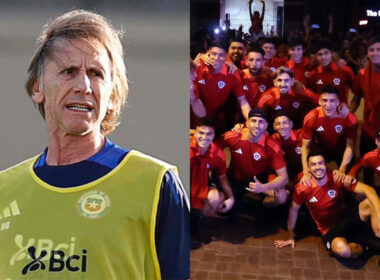 Primer plano de Ricardo Gareca. Jugadores de La Roja posando para una foto.