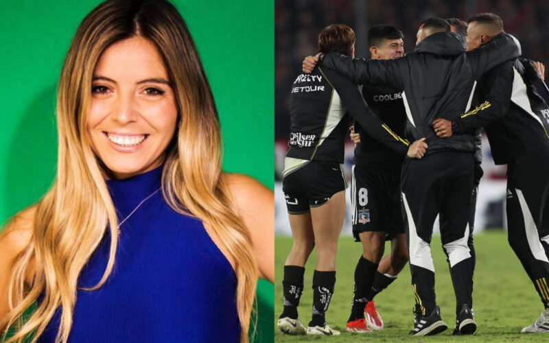 Primer plano de Verónica Bianchi. Plantel de Colo-Colo abrazado celebrando clasificación a octavos de final de Copa Libertadores.