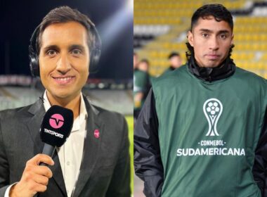 El periodista Daniel Arrieta y el jugador Luciano Cabral