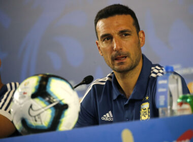 Futbol, conferencia de prensa de la seleccion argentina en San Pablo Copa America 2019 El entrenador de la seleccion argentina Lionel Scaloni se dirige a los medios de comunicacion durante la conferencia de prensa realizada en el estadio Arena Corinthinas de San Pablo, Brasil. 05/07/2019 Andres Pina/Photosport Football, Argentinian National team press conference Copa America Championship 2019 Argentina's manager Lionel Scaloni speaks to the medias during a press conference held at the Arena Corinthians stadium in Sao Paulo, Brazil. 05/07/2019 Andres Pina/Photosport