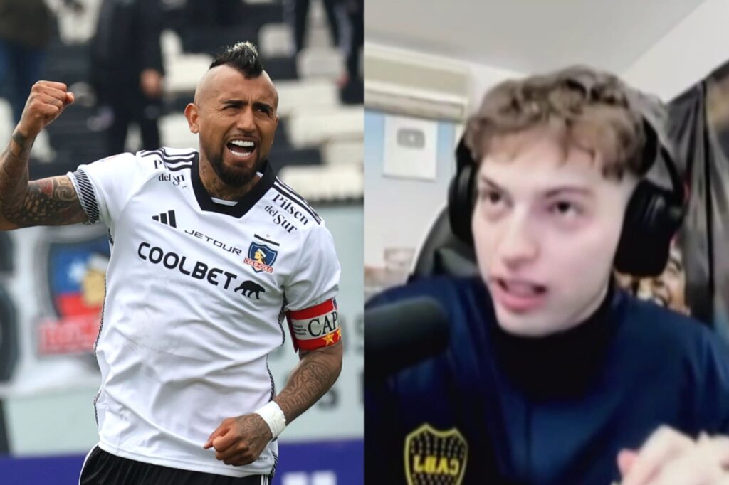 Arturo Vidal con camiseta de Colo-Colo y Davo Xeneize grabando stream