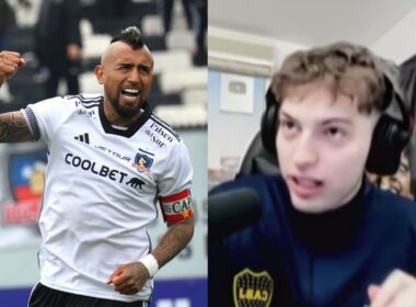 Arturo Vidal con camiseta de Colo-Colo y Davo Xeneize grabando stream