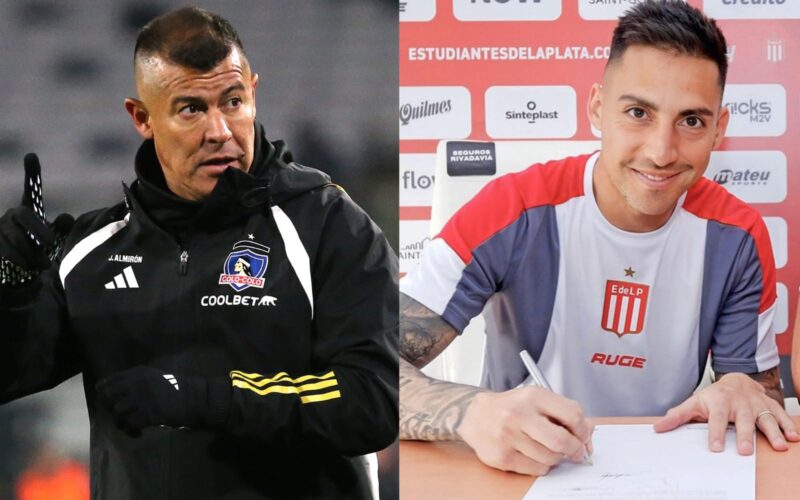 Jorge Almirón con indumentaria de Colo-Colo y Javier Correa firmando su contrato con Estudiantes.